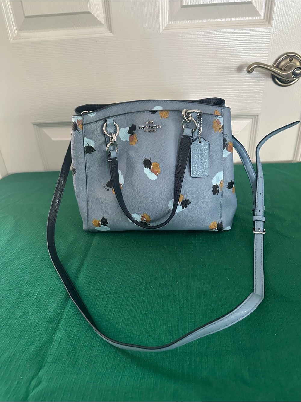 COACH Light Blue Floral Print Leather Satchel with Crossbody Strap - Picture 2 of 4